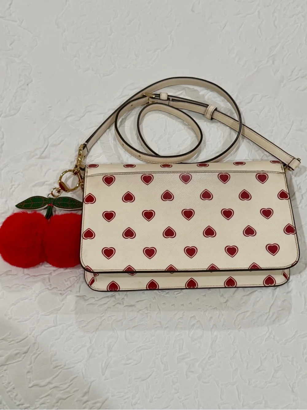 Kate Spade Madison Heart Print Flap Shoulder/Crossbody Bag w/ Cherry Keychain